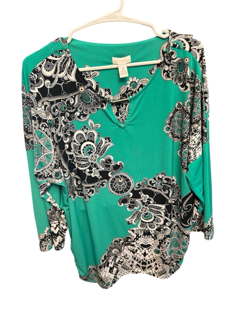 Chico's Helena Keyhold Neck Green/Black Paisley V-Notch Tunic Size 3/16/XL EUC - Picture 2 of 12